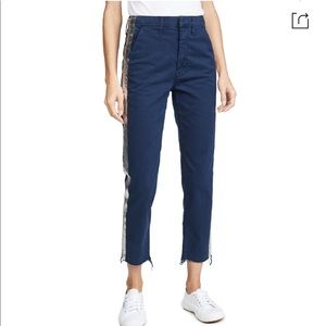 The shaker metallic stripped cropped frayed pants in navy/silver